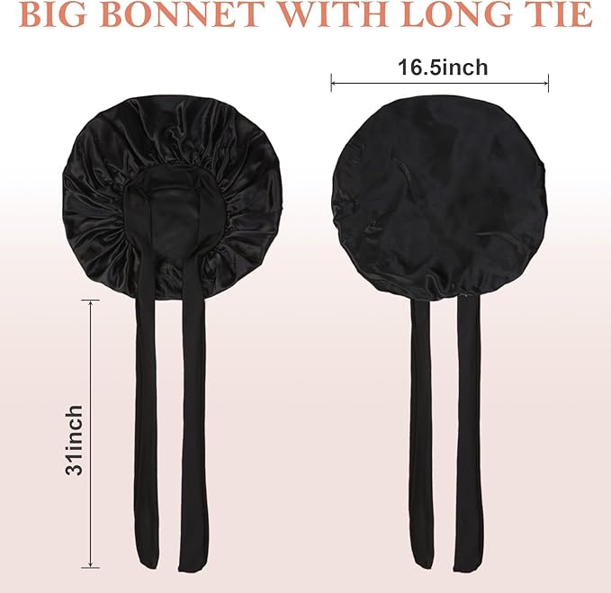 3Pcs Bonnets for Sleeping, Extra Satin Silk Bonnet for Sleeping Women with Tie Band for Curly Hair Jumbo Bonnet Braids