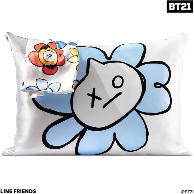 Kitsch x BT21 Satin Pillowcase with Zipper – Better Than Silk Pillowcase, Van Character & Funky Floral Print – Soft Cooling Toddler Bed Time Pillow Case for Hair & Skin – Queen/Standard 19x26
