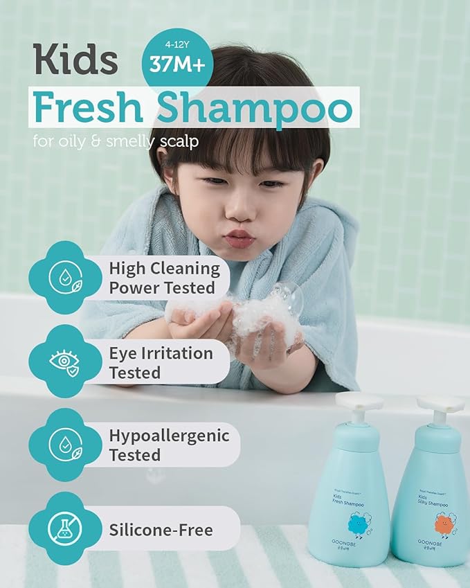 GOONGBE Kids' Fresh Shampoo - Korean Kids Scalp Purifying Shampoo - Gentle Deep Cleansing for Oily, Smelly Scalps - Low pH & Silicone-Free Formula - Allergen Free Scent, 10.1 fl.oz.