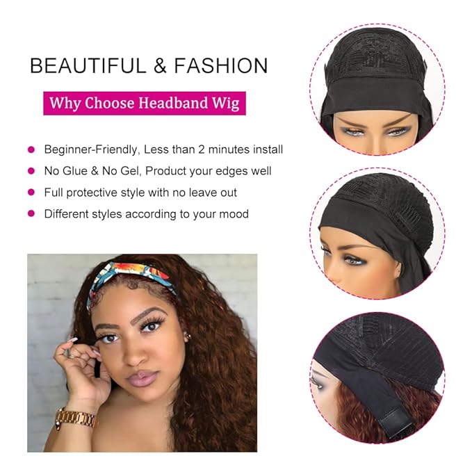 24 Inch #4 Brown Headband Wigs Human Hair Water Wave Wigs for Black Women Brazilian Virgin Hair Glueless None Lace Front Half Wig Wear and Go Chocolate Brown Headband Wigs Human Hair