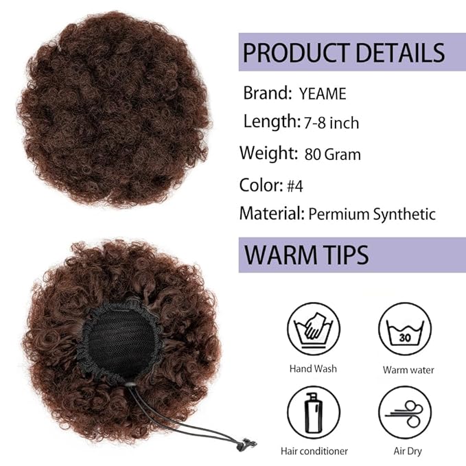 YEAME Afro Puff Drawstring Ponytail for Black Women, Short Kinky Curly Afro Ponytail Synthetic Hair Puffs, Premium Medium Brown Afro Bun Drawstring Ponytail for Women Girls (4 Medium Brown)