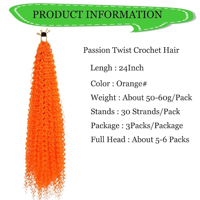 Curly Crochet Hair Extensions Orange Passion Twist Braids 24Inch Long Curly Braiding Hair 3Packs Springy Crochet Braids Hair Extensions Goddess Box Braids for Black Women(24",Orange)