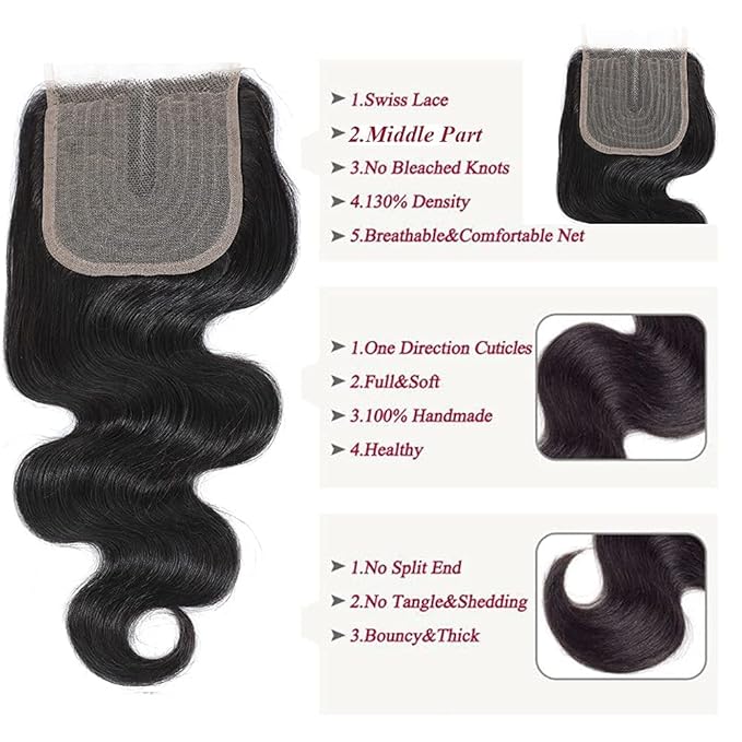 Amella Hair Brazilian Body Wave Hair 3 Bundles with T-Part Lace Closure Middle Part(10 12 14+10 Closure)100% Unprocessed Virgin Brazilian Body Wave Human Hair 3 Bundles with Closure Natural Black