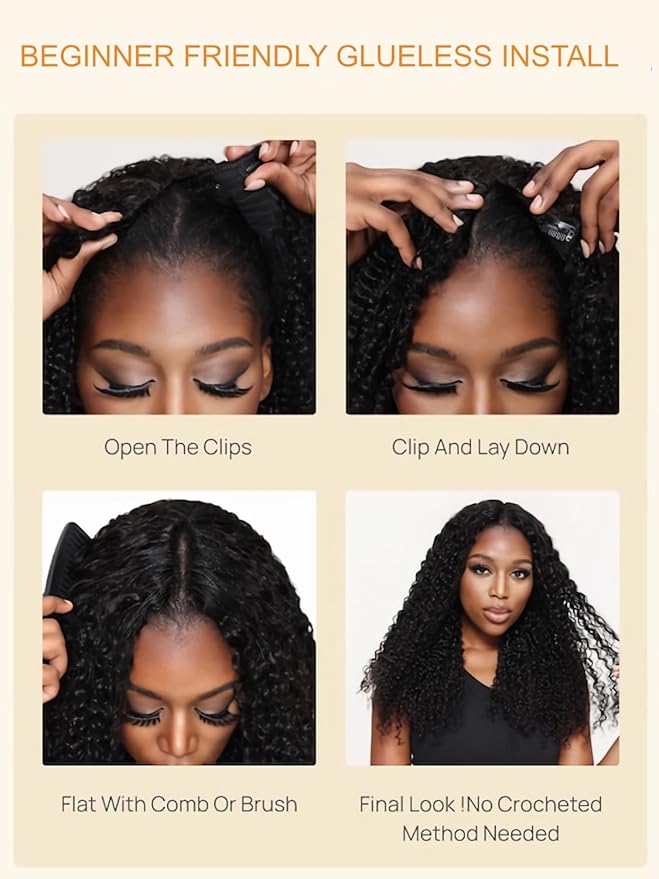 Julia Hair EasiContour 12A V Part Jerry Curly Glueless Wigs Human Hair Clip in Half Wig No Leave Out Vpart Wig Upgrade U Part Human Hair Wig for Women No Glue Beginner Friendly Natural Color 24 Inch