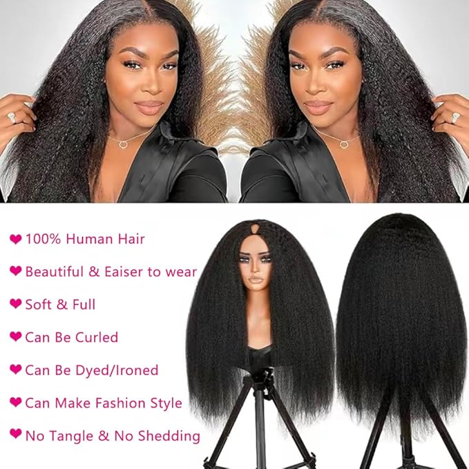 Larhali Kinky Straight V Part Wig Human Hair with Drawstring 200% Density Upgrade Glueless U Part Wig No Leave Out No Sew In V Part Wigs Kinky Straight Human Hair Wigs 28 Inch