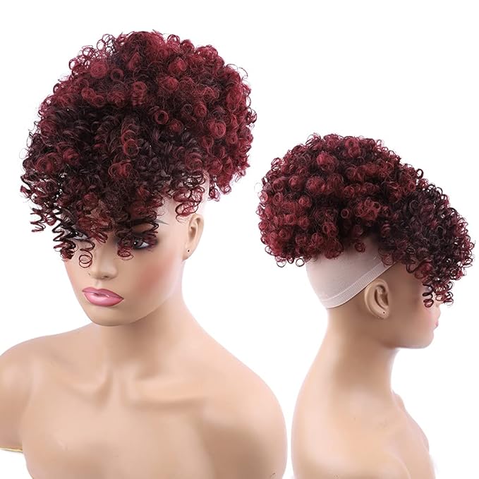 ENTRANCED STYLES Drawstring Ponytail with Bangs - Afro Puff Extensions for Women - Short Curly Clip in Wrap Updo Hairpiece (TBUG)