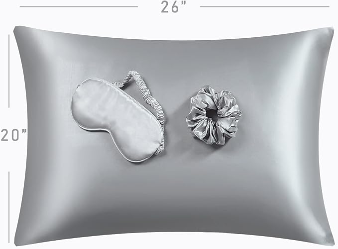 Satin Pillowcase for Hair and Skin, Vegan Silk Pillowcase Set-2 Satin Pillowcases, 1 Eye Mask, 1 Scrunchie-Luxury Sleep Set, Silver Gray Pillow Cases with Envelope Closure Standard Size