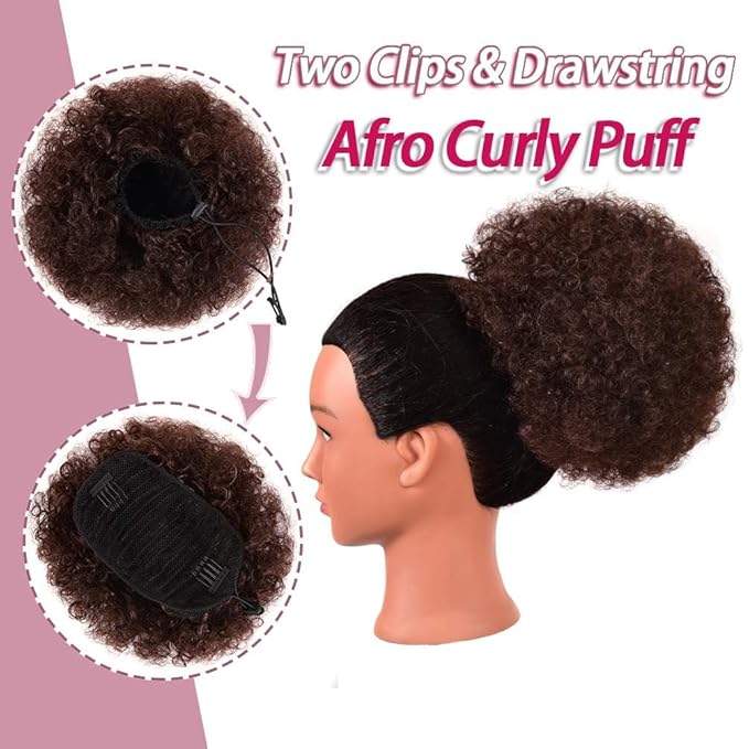 rosmile Afro Puff Drawstring Ponytail Extension for Black Women, Premium Deep Brown #33 80 Gram Short Synthetic Afro Puff Ponytail for Natural Hair, Clip On Kinky Drawstring Curly Ponytail Bun