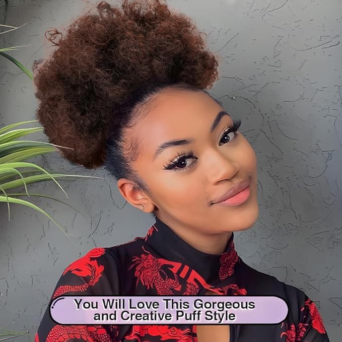 YEAME Afro Puff Drawstring Ponytail for Black Women, Short Kinky Curly Afro Ponytail Synthetic Hair Puffs, Premium Medium Brown Afro Bun Drawstring Ponytail for Women Girls (4 Medium Brown)