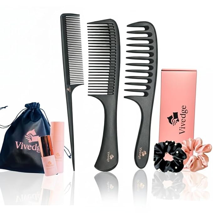 VIVEDGE| Curly Hair Carbon Comb Set | Carbon Fiber Detangler Wide Tooth Parting Combs anti static frizz-free with Premium Acccessories for Styling | Gift for loved ones (Black-Pink)