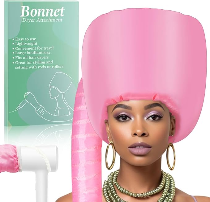 Hooded Hair Dryer Bonnet - Fast-Drying Bonnet Hair Dryer for Natural Hair, Deep Conditioning, Styling, & Curl Enhancing - Adjustable Fit, Heat Distribution, Portable & Lightweight for Travel（Pink）