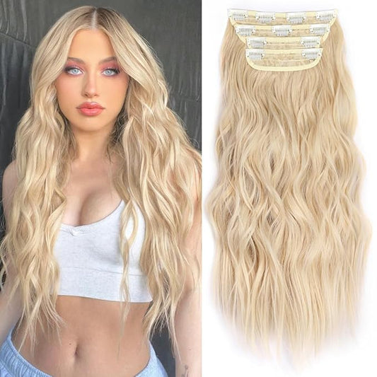 ALXNAN Clip in Hair Extensions, Long Wavy Blonde Hair, 24 Inch 4PCS Thick Fiber Double Weft Hairpieces