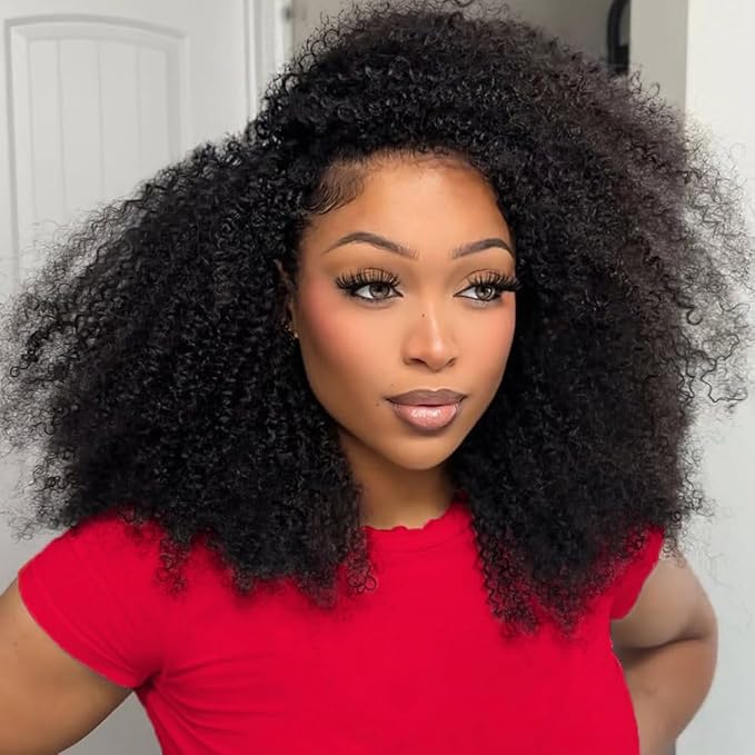 250% Density Kinky Curly Half Wig Human Hair 3 In 1 Seamless Flip Over Glueless Wigs Human Hair With Drawstring Beginner Friendly Headband Wig Wear and Go Wig Human Hair Afro Wig 22inch
