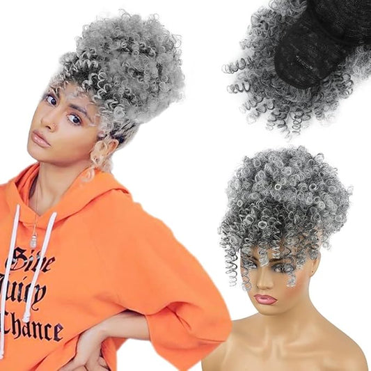 ENTRANCED STYLES Drawstring Ponytail with Bangs Afro Puff Ponytail Extensions for Women Short Curly Puff Ponytail with Bangs Clip in Wrap Updo Hairpiece for Women (T-gray)…