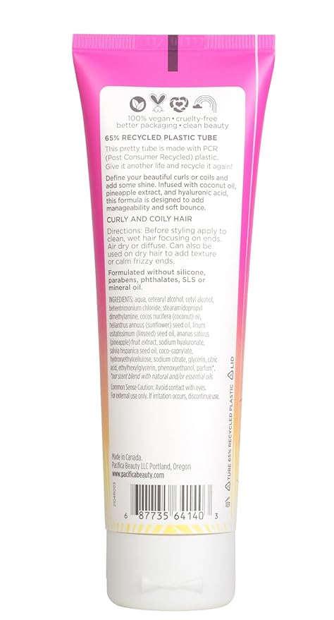 Pacifica Pineapple Swirl Curl Defining Cream – Curl Cream for Curly Hair, Curly Hair Products with Coconut Oil and Hyaluronic Acid, Styling for Bouncy Waves Without Crunch - 4 Oz | for Curly Hair, 4 oz, Frizz Control, Curl Enhancer, Styling Cream