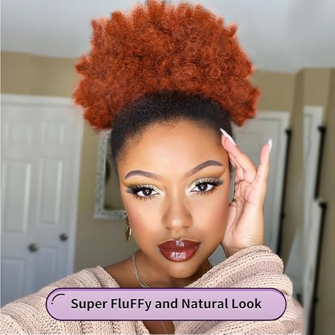 YEAME Afro Puff Drawstring Ponytail for Black Women, Short Kinky Curly Synthetic Hair Puffs, Purple Bun for Women Girls (Dark Orange)