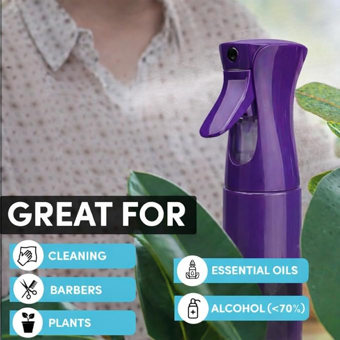 Hula Home Continuous Spray Bottle for Hair (10.1oz/300ml) Empty Ultra Fine Plastic Water Mist Sprayer – For Hairstyling, Cleaning, Salons, Plants, Essential Oil Scents & More - Purple