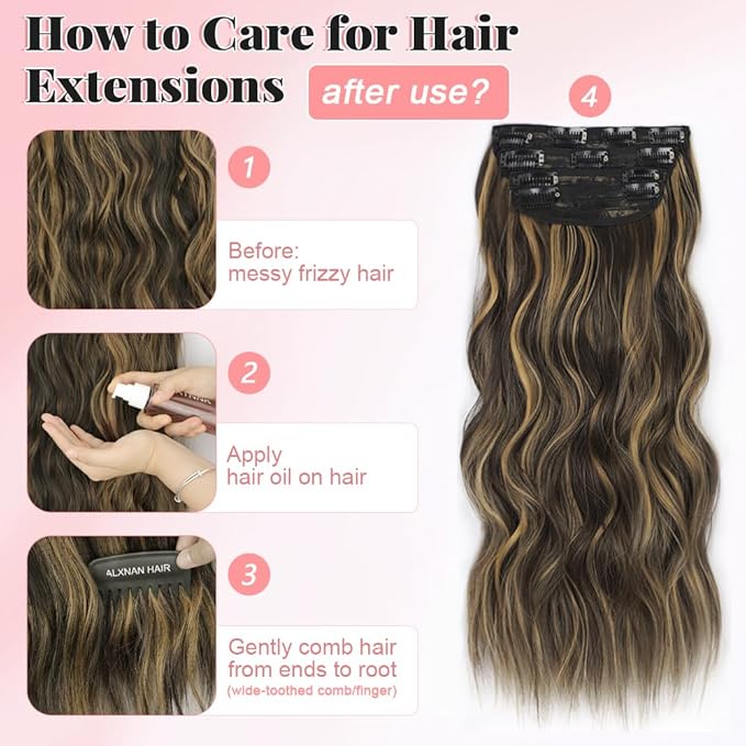 ALXNAN Clip in Long Wavy Synthetic Hair Extension 24 Inch Black&Dark mix light brown 4PCS Thick Hairpieces Fiber Double Weft Hair for Women