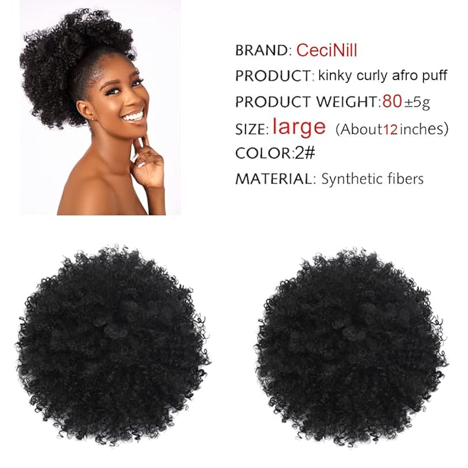 Afro Puff kinky curly Drawstring Ponytail Extension for Black Women Synthetic Short Afro Kinkys Curly Afro Bun Extension Hairpieces Updo Hair Extensions with Two Clips(2#)
