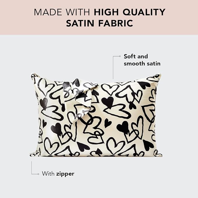 Kitsch Satin Pillowcase with Zipper for Hair & Skin, Softer Than Silk Pillow Cases Queen, Wrinkle-Free, Smooth and Cooling Satin Pillow Covers, Standard Size 19"x26" - Heart
