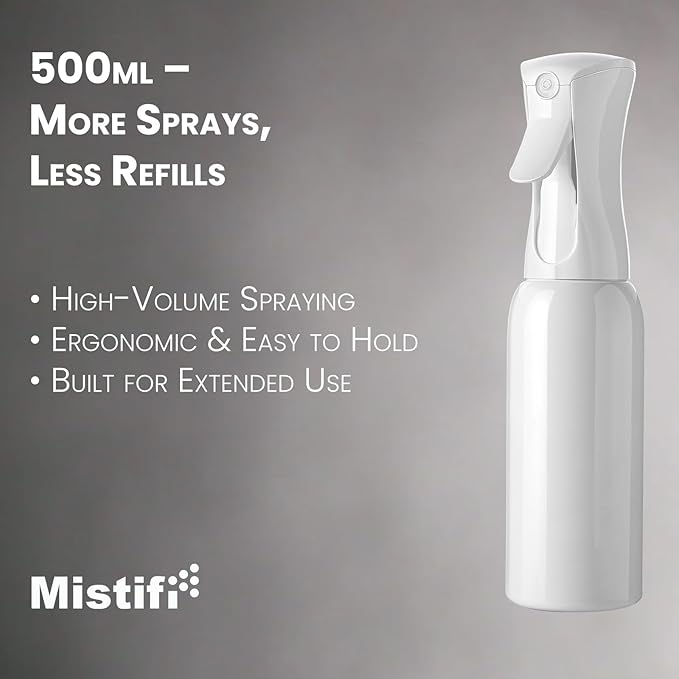 Mistifi HydroMist 500ml – Large Capacity Continuous Fine Mist Spray Bottle for Plants, Gardening, Hair, Cleaning, and Skincare　(500ml 1Pc, White bottle)