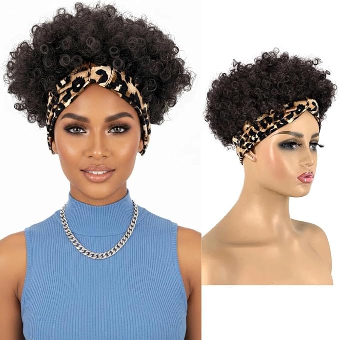 Afro Headband Wig Short Afro Kinky Curly Wigs for Black Women,Natural Black Glueless Afro Wigs with headbands attached Synthetic with 2 Clips(2# Natural Black)