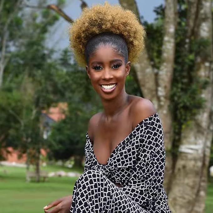 Afro Puff Drawstring Ponytail with Bangs ponytail extension for black women Short Curly Clip in Wrap Updo Hairpiece(T27) (No bangs, T27#)