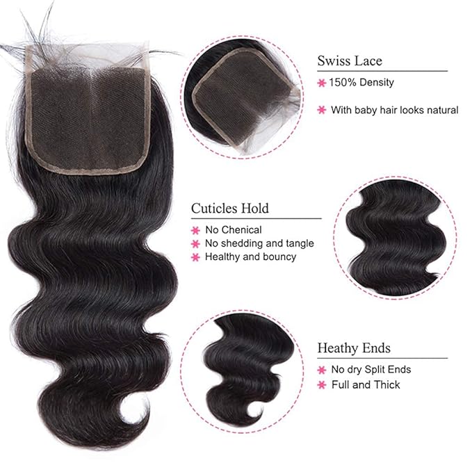 Body Wave 3 Bundles with Closure 100% Unprocessed Brazilian Body Wave Human Hair Weave with 4x4 Free Part Lace Closure Natural Color (14 16 18+12,Bundles with Closure)