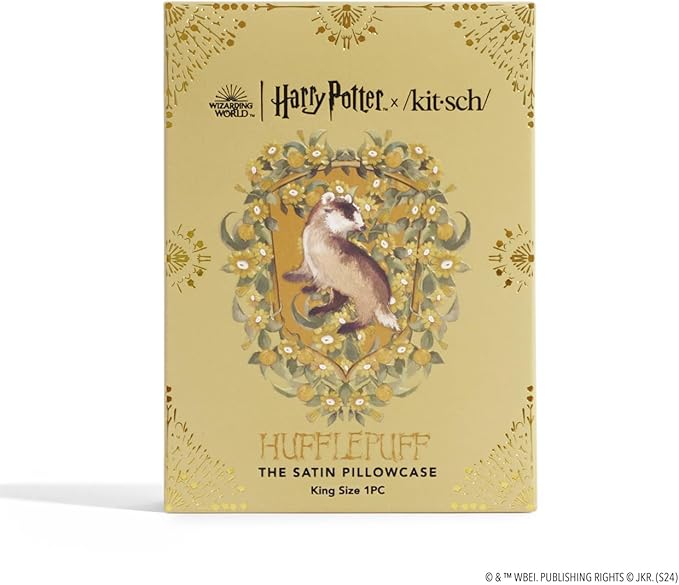 Kitsch x Harry Potter Hufflepuff Satin Pillowcase with Zipper – Double-Sided Crest Design – Better Than Silk Pillowcase – Perfect for Kids Rooms & Toddler Bed Time Pillow Case – King Size 19x36