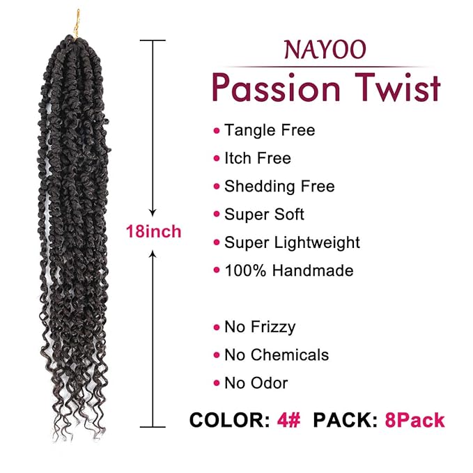 Passion Twist Hair - 8 Packs 18 Inch Passion Twist Crochet Hair For Women, Crochet Pretwisted Curly Hair Passion Twists Synthetic Braiding Hair Extensions (18 Inch 8 Packs, #4)