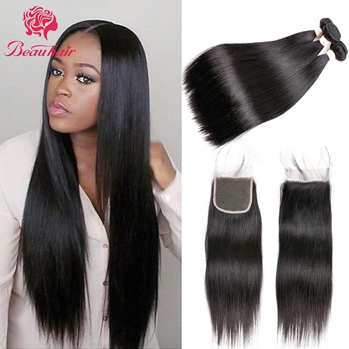 7A Brazilian Straight Hair 3 Bundles with Lace Closure (8 10 12+12 Free Part closure) Virgin Human Hair Weave 100% Unprocessed Human Natural Black Straight Remy Hair Extensions