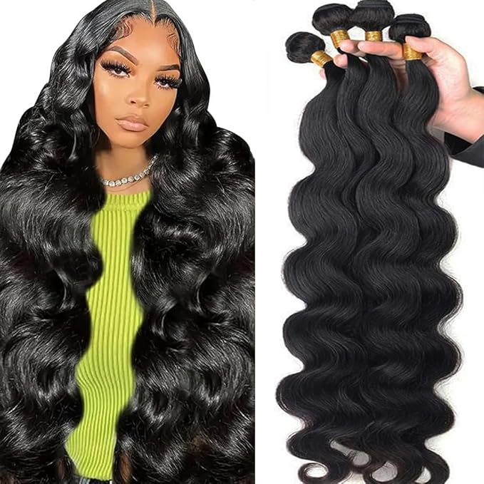 12A Human Hair Bundles Body Wave 100% Unprocessed Brazilian Virgin Hair 4 Bundles Human Hair Extensions Quick Weave Human Hair (4 Bundlles Natural black, 28 30 32 34 Inch)