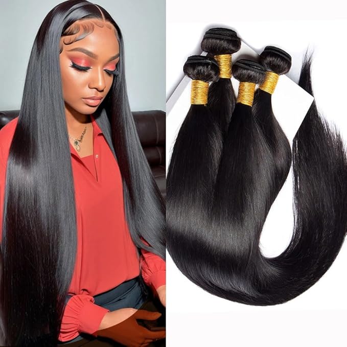 Straight Human Hair Bundles 100% Unprocessed Brazilian Straight Virgin Human Hair 4 Bundles Human Hair Extensions Natural Black Color(16 16 16 16)