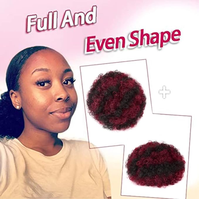 rosmile Afro Puff Drawstring Ponytail Extension for Black Women, Premium Black to Burgundy 80 Gram Short Synthetic Afro Puff Ponytail for Natural Hair, Clip on Kinky Drawstring Curly Ponytail Bun