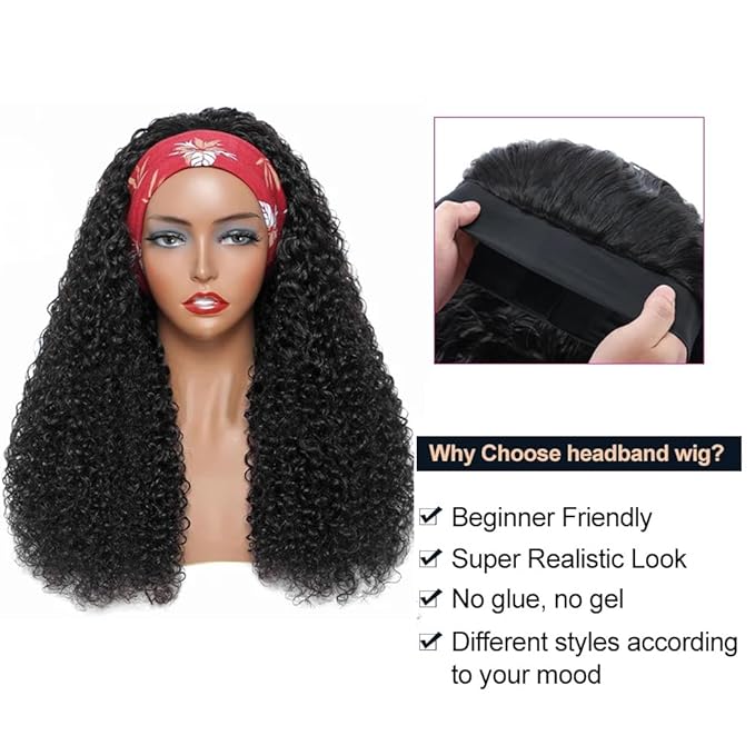 XSY Headband Wig Human Hair Kinky Curly 26 inch Headband Wigs for Black Women Glueless None Lace Front Machine Made Wigs Natural Color 150% Density