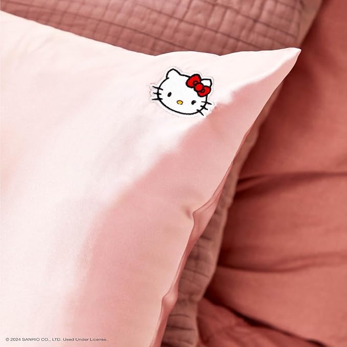 Kitsch x Hello Kitty Pillow Case – Pink Kitty Face Toddler Bed Time Satin Pillowcase with Zipper – Soft Cooling Pillow Cover for Hair & Skin – Better Than Silk Pillowcase – King Size 19x36