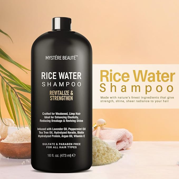 Rice Water Shampoo - Rice Shampoo, Promotes Hair Growth, Revitalizes, Shines and Sheilds from Damage, Infused with Essential Oils, Sulfate & Paraben Free - for Men Women - 16 fl oz