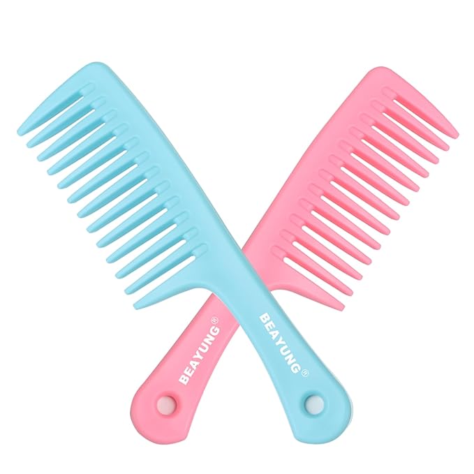 2 PCS Large Wide Tooth Comb, Shower Combs for Women, Curly Hair Brush, Detangling Comb, Hair Styling, Hairdressing Tool (1Blue,1Pink)