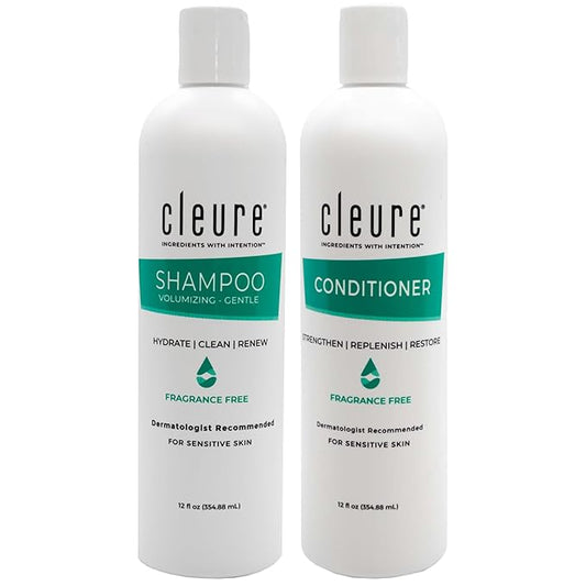 Cleure Shampoo and Conditioner Set Sulfate Free, Fragrance Free for Sensitive Skin - Volumizing Shampoo & Hydrating Conditioner (12 Oz each, Pack of 2)