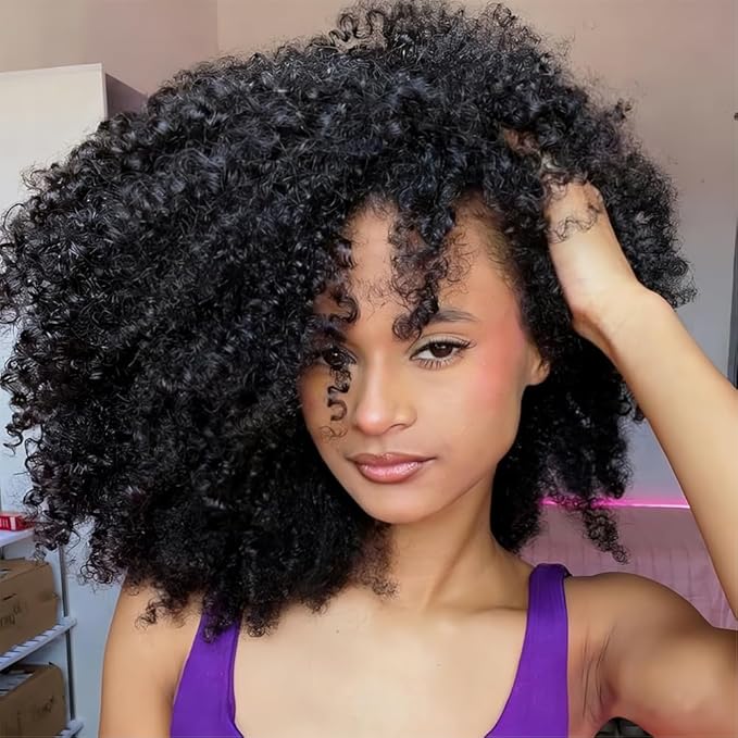 Ali Grace Kinky Curly Half Wig Human Hair 250% Density 3 In 1 Drawstring Seamless Flip Over Half Wigs For Women Glueless Wigs Beginner Friendly Half Curly Human Hair Wig 18 Inch (Black, 18inch)