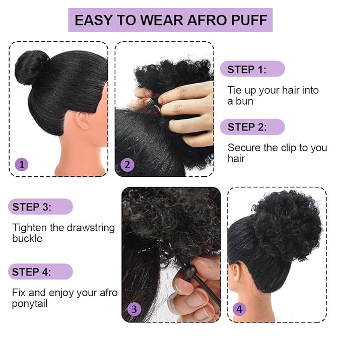 YEAME Afro Puff Drawstring Ponytail for Black Women, Short Kinky Curly Afro Ponytail Synthetic Hair Puffs, Premium Black Afro Bun Drawstring Ponytail for Women Girls (1B Natural Black)