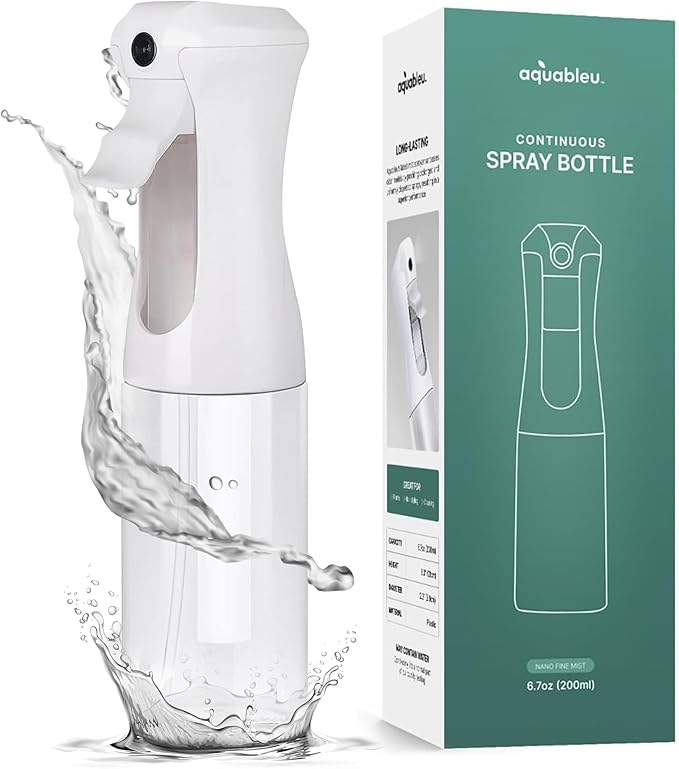 Aquableu Spray Bottle for Hair – Continuous Mist Spray Bottle for Hair Care, Styling, Cleaning, Plants, Pets & Essential Oils (Clear, 6.76oz/200ml)