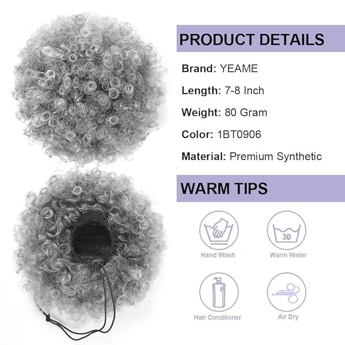 YEAME Afro Puff Drawstring Ponytail for Black Women, Premium Ombre Gray Afro Bun Drawstring Ponytail for Women Girls (1BT0906 Ombre Gray)