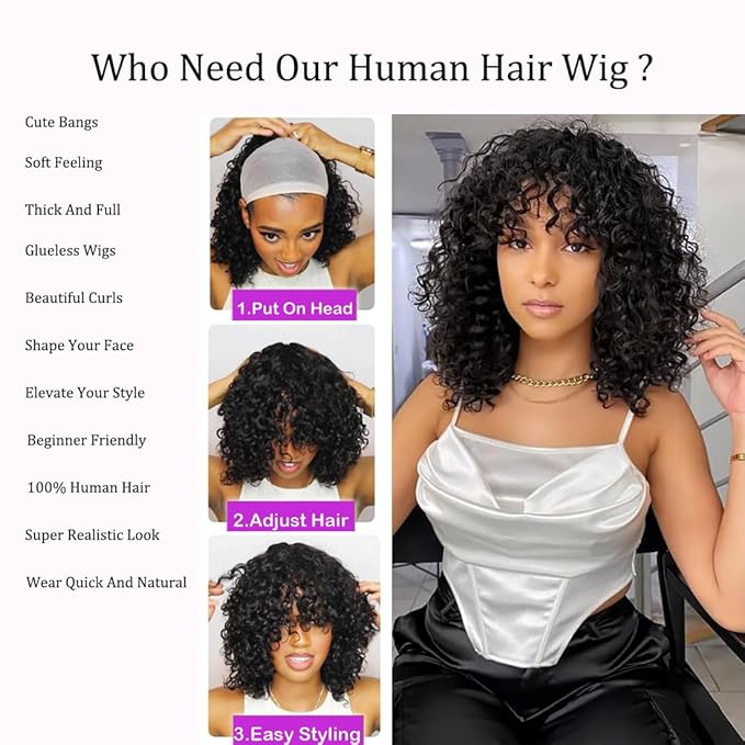 Curly Wig Human Hair With Bangs Real Human Hair Wigs For Women Wet And Wavy Wig Upgrade 2x4 HD Lace Curly Deep Wave Glueless Wigs Black Color 14inch