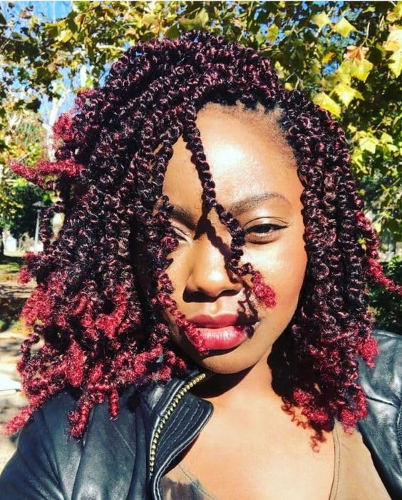 Pre-Twisted Passion Twist Crochet Hair for Black Women Passion Twist Hair Pre Looped Bohemian Braids 10 Inch 7 Packs Ombre Burgundy Short Bob Curly Braiding Hair Extensions(10"-7P,T1B/BUG)