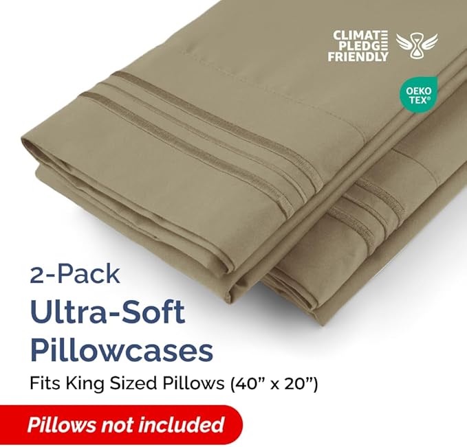 King Pillow Cases Set of 2 - Ultra Soft Hotel Quality Pillowcase Covers - Comfy, Cozy & Wrinkle Free - Shrinkage, Stain and Fade Resistant - Machine Washable Pillow Protectors - 2 Piece Set - Khaki