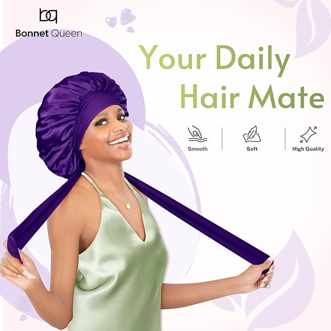 BONNET QUEEN Silk Bonnet for Sleeping Women Satin Bonnet Night Sleep Cap Wrap for Curly Hair with Adjustable Tie Band,Purple