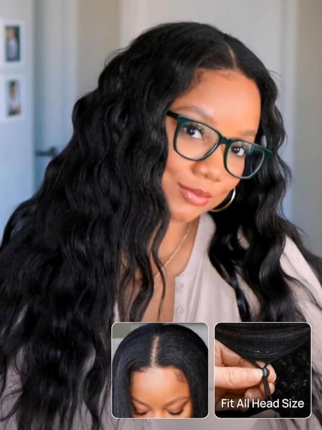 Julia Hair EasiContour V Part Kinky Straight Wigs Human Hair Glueless Yaki Straight Vpart Wig Clip in Half Wigs No Leave Out Real Scalp Upgrade U Part Kinky Wig Beginner Friendly Natural Black 18 Inch