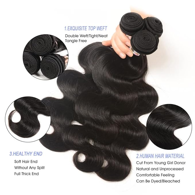YISEA Body Wave Human Hair 3 Bundles (24 26 28 inches) 12A 100% Unprocessed Brazilian Virgin Human Hair Body Wave Bundles Natural Color Weave Extensions