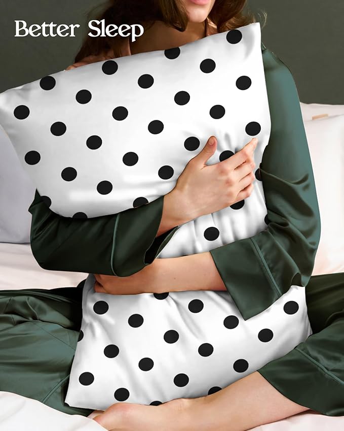 Silk Pillowcase 2 Pack - Pillow Cases 20" x 36" King Size Set of 2 for Hair and Skin Smooth Soft Breathable with Hidden Zipper Cooling Pillow Covers for Sleeping, White Black dot